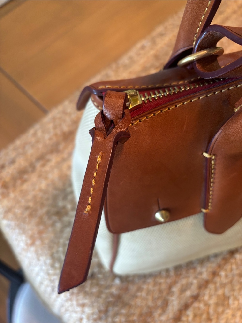 Dooney & Bourke Brown Leather & Cream Canvas Satchel with Adjustable Strap - Picture 5 of 11